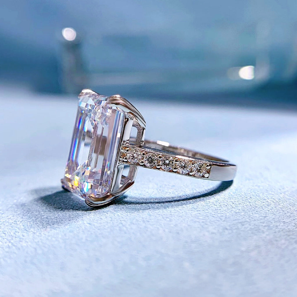 Grandeur Charm 6.0 Carat Emerald Cut Engagement Ring in Sterling Silver