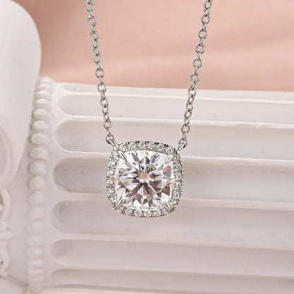 3.0ct Luxe Halo Cushion Cut Pendant Necklace For Women In White Gold