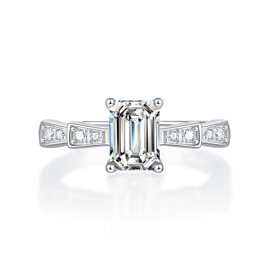 Elegant Bow - Emerald Allure 1CT Emerald - Cut Moissanite Solitaire Ring in Sterling Silver 925