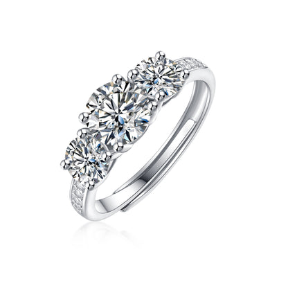 Trinity Charm 3×1CT Round Moissanite Solitaire Ring in Sterling Silver 925