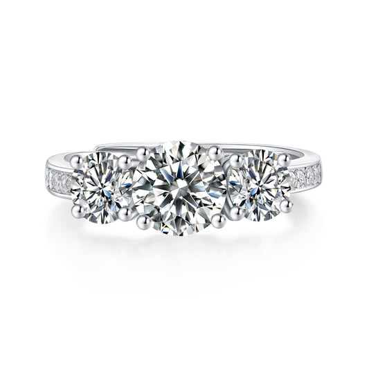 Trinity Charm 3×1CT Round Moissanite Solitaire Ring in Sterling Silver 925