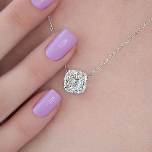 3.0ct Luxe Halo Cushion Cut Pendant Necklace For Women In White Gold