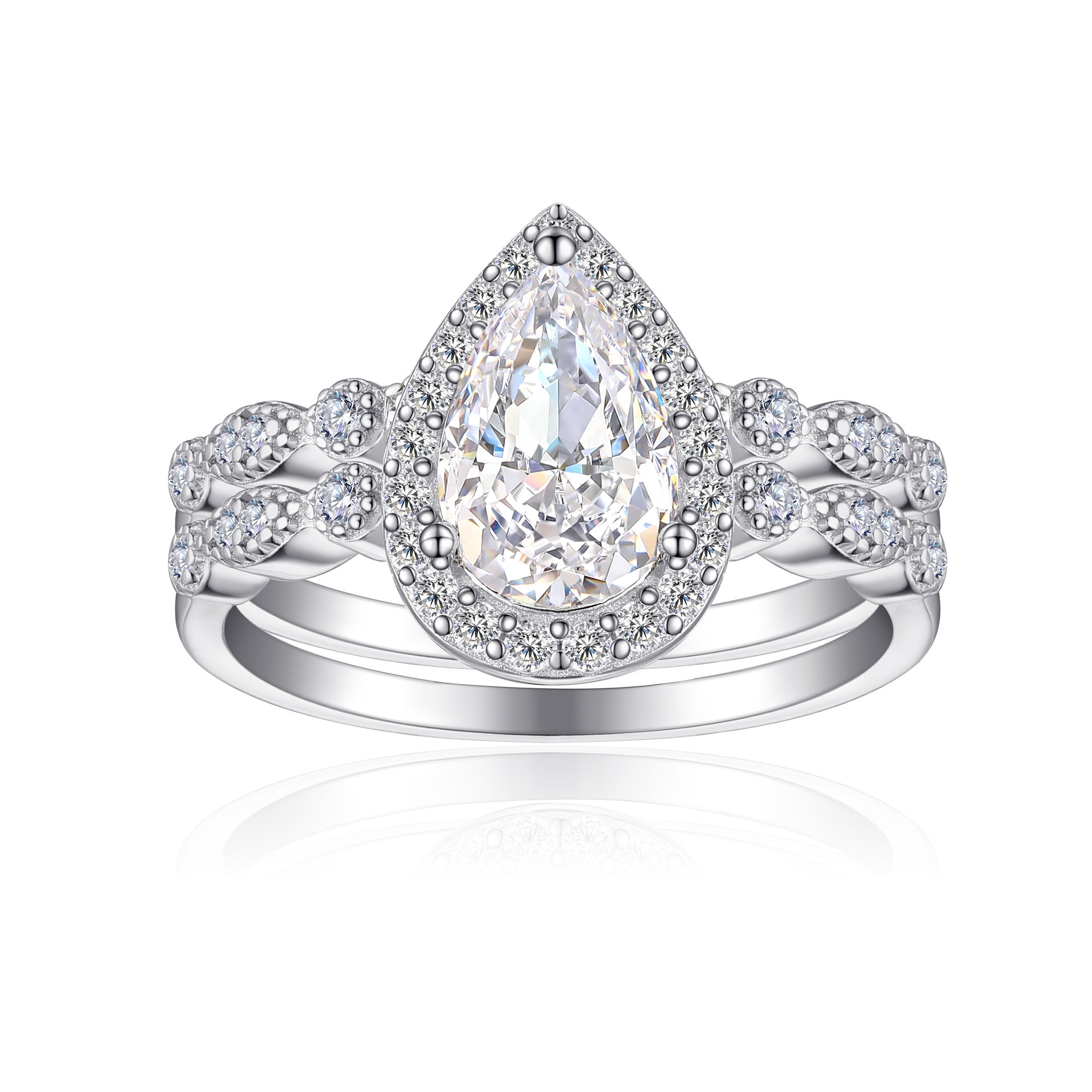 Romantic 1.5ct Pear cut 2pc Wedding Ring Set for Women in Sterling Silver