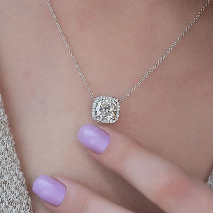 3.0ct Luxe Halo Cushion Cut Pendant Necklace For Women In White Gold