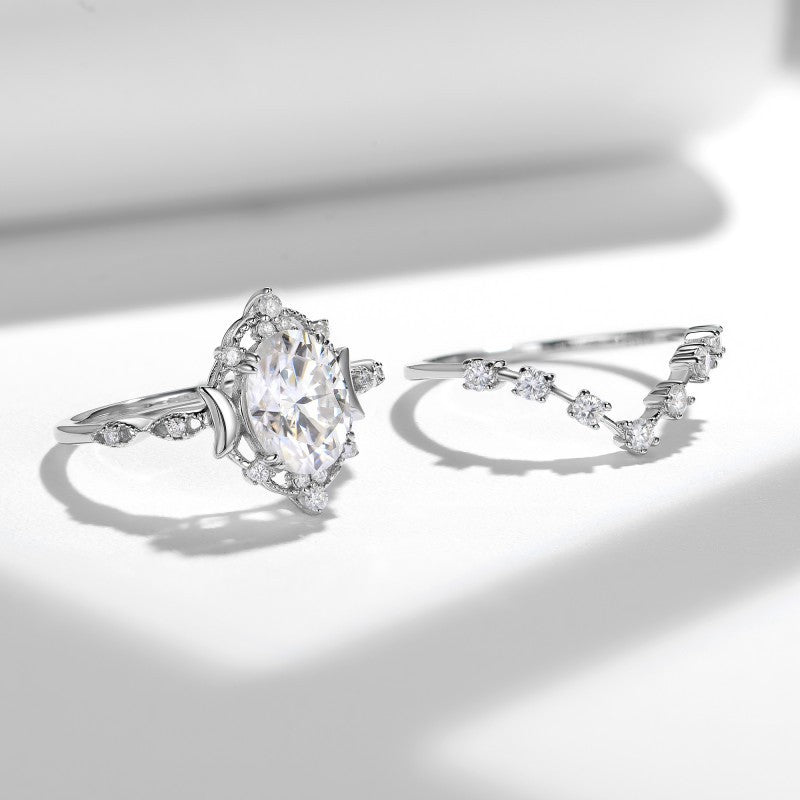 Moissanite 2.0ct Oval cut 2pc Wedding Ring Set for Women in Sterling Silver