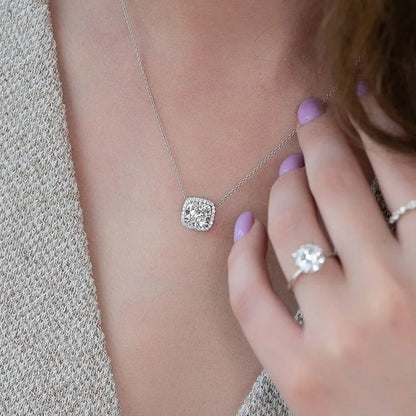 3.0ct Luxe Halo Cushion Cut Pendant Necklace For Women In White Gold