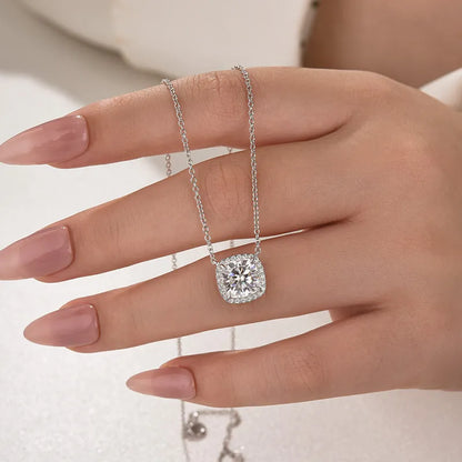 3.0ct Luxe Halo Cushion Cut Pendant Necklace For Women In White Gold