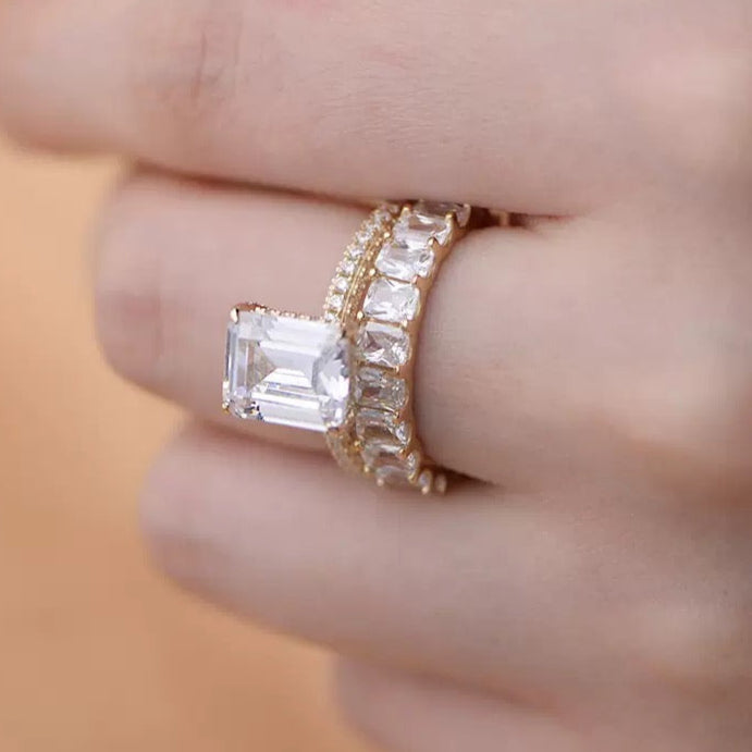 Regal 3.5 Carat Emerald Cut 2-Piece Wedding Ring Set for Women in Sterling Silver