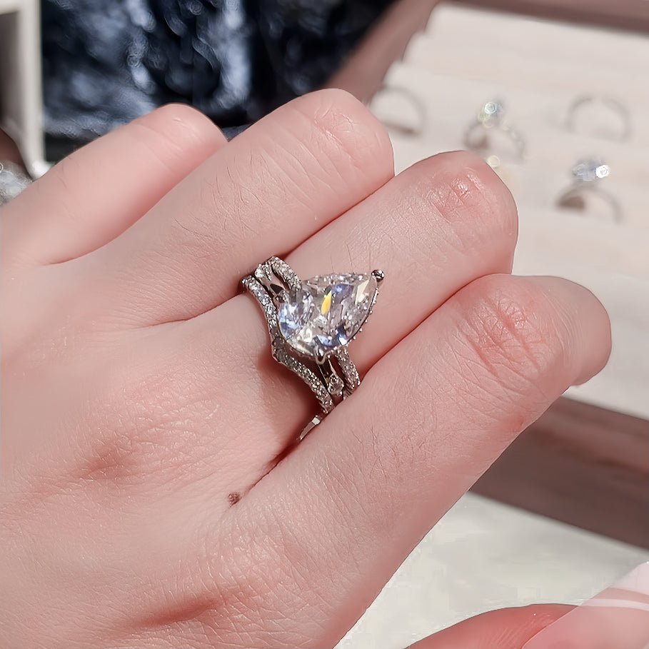 Enchanted Luster 3.0 Carat Pear Cut 3-Piece Wedding Set in Sterling Silver