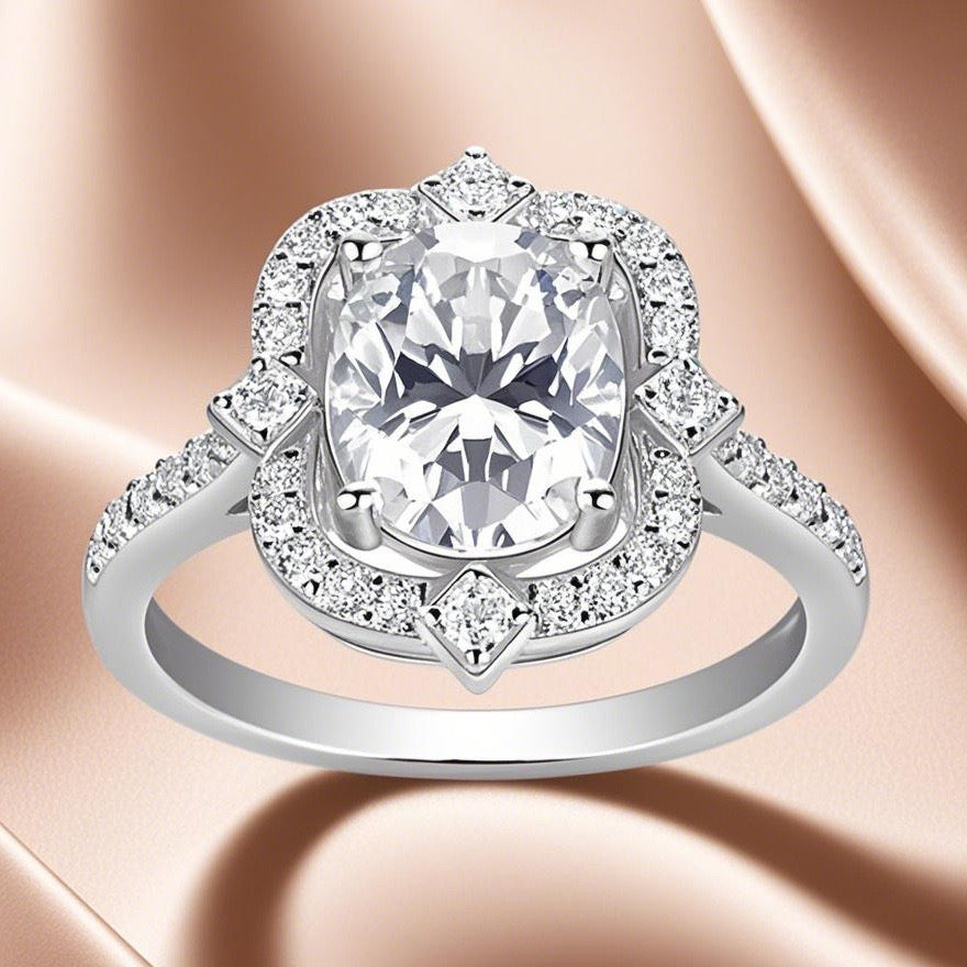 Camellia Bloom 3CT Oval Moissanite Ring in Sterling Silver 925