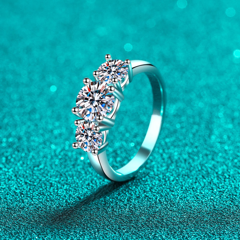 Trinity Charm 3×1CT Round Moissanite Solitaire Ring in Sterling Silver 925