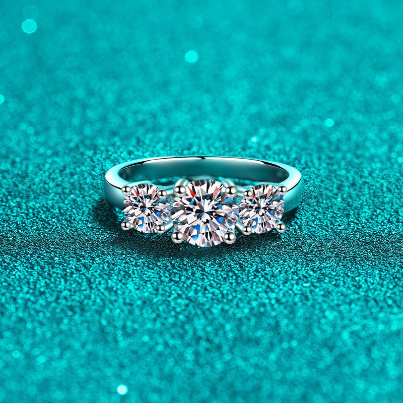 Trinity Charm 3×1CT Round Moissanite Solitaire Ring in Sterling Silver 925