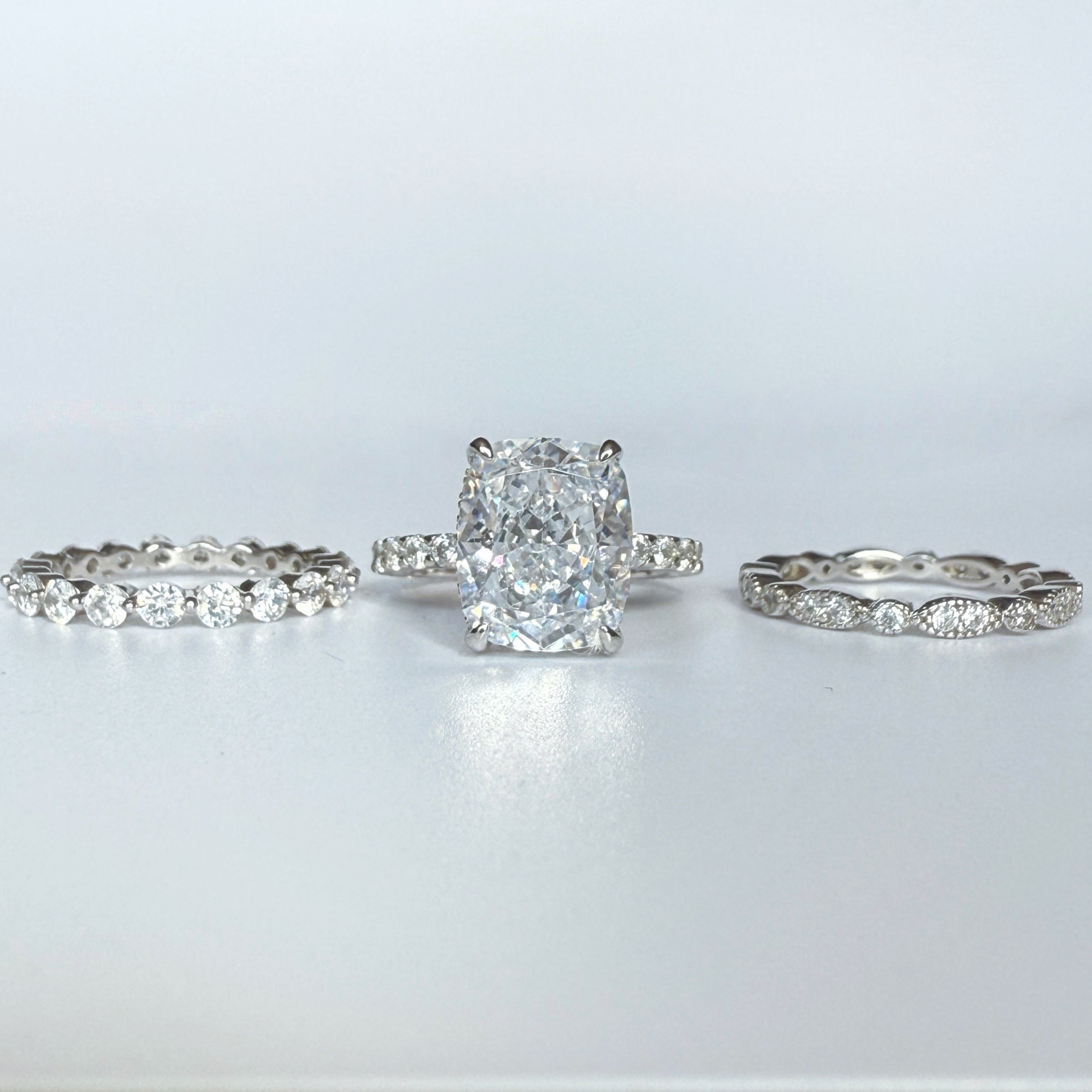 Elegant Glimmer 5.0 Carat Cushion Cut 3 - Piece Wedding Ring Set in Sterling Silver