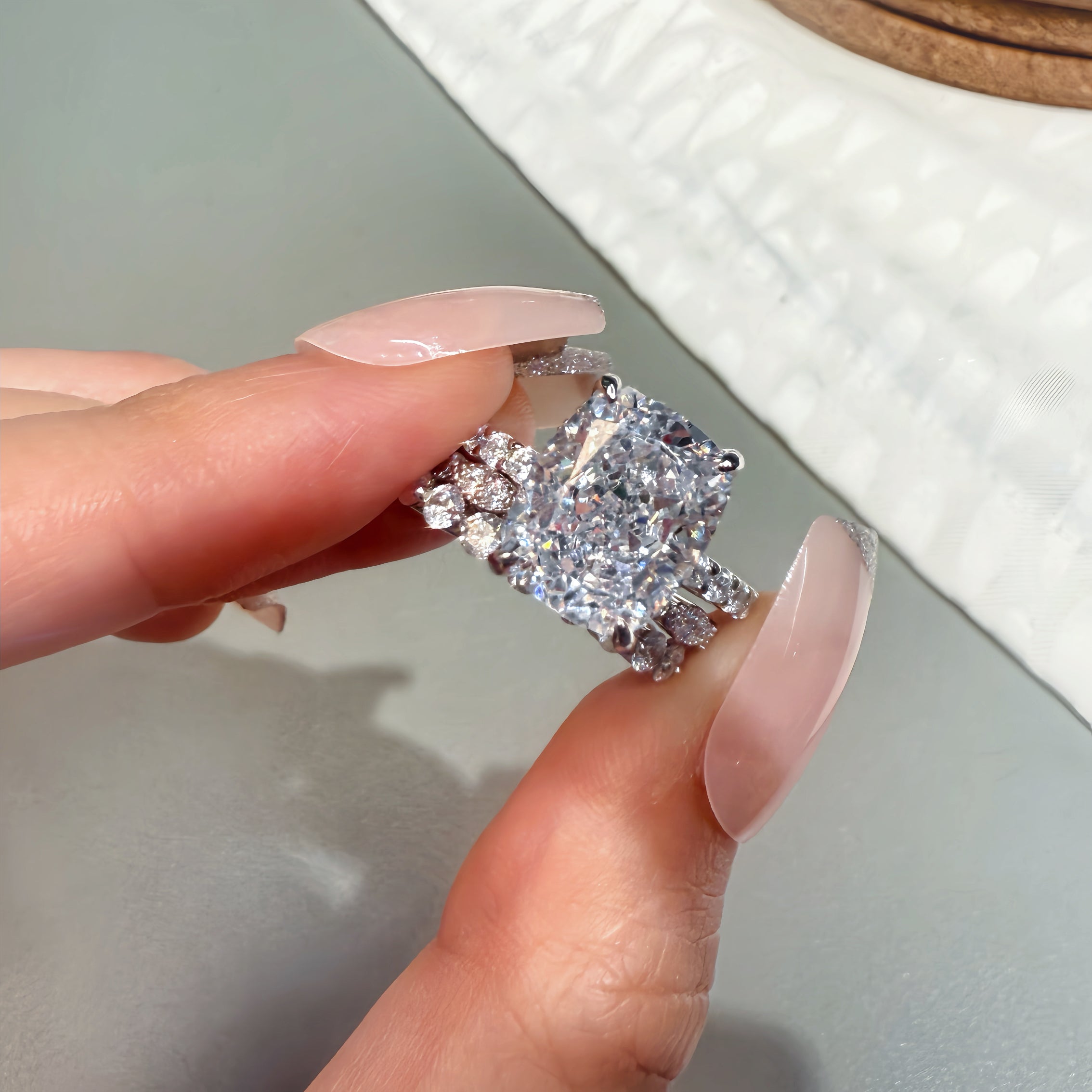 Elegant Glimmer 5.0 Carat Cushion Cut 3 - Piece Wedding Ring Set in Sterling Silver