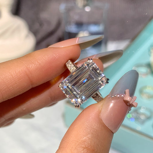Grandeur Charm 6.0 Carat Emerald Cut Engagement Ring in Sterling Silver