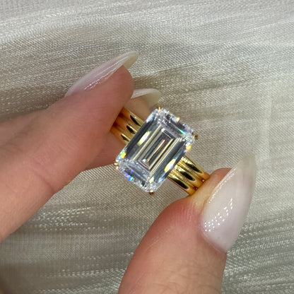 Elongated Emerald 6Ct Simulated Diamond Engagement Ring in Yellow Gold Plated Silver