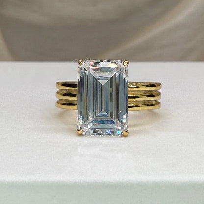 Elongated Emerald 6Ct Simulated Diamond Engagement Ring in Yellow Gold Plated Silver