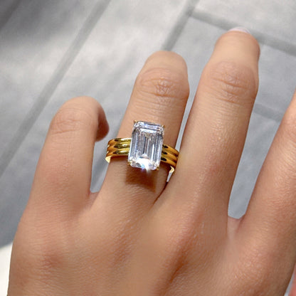 Elongated Emerald 6Ct Simulated Diamond Engagement Ring in Yellow Gold Plated Silver