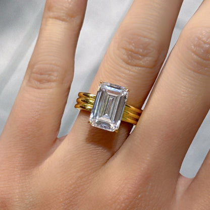 Elongated Emerald 6Ct Simulated Diamond Engagement Ring in Yellow Gold Plated Silver